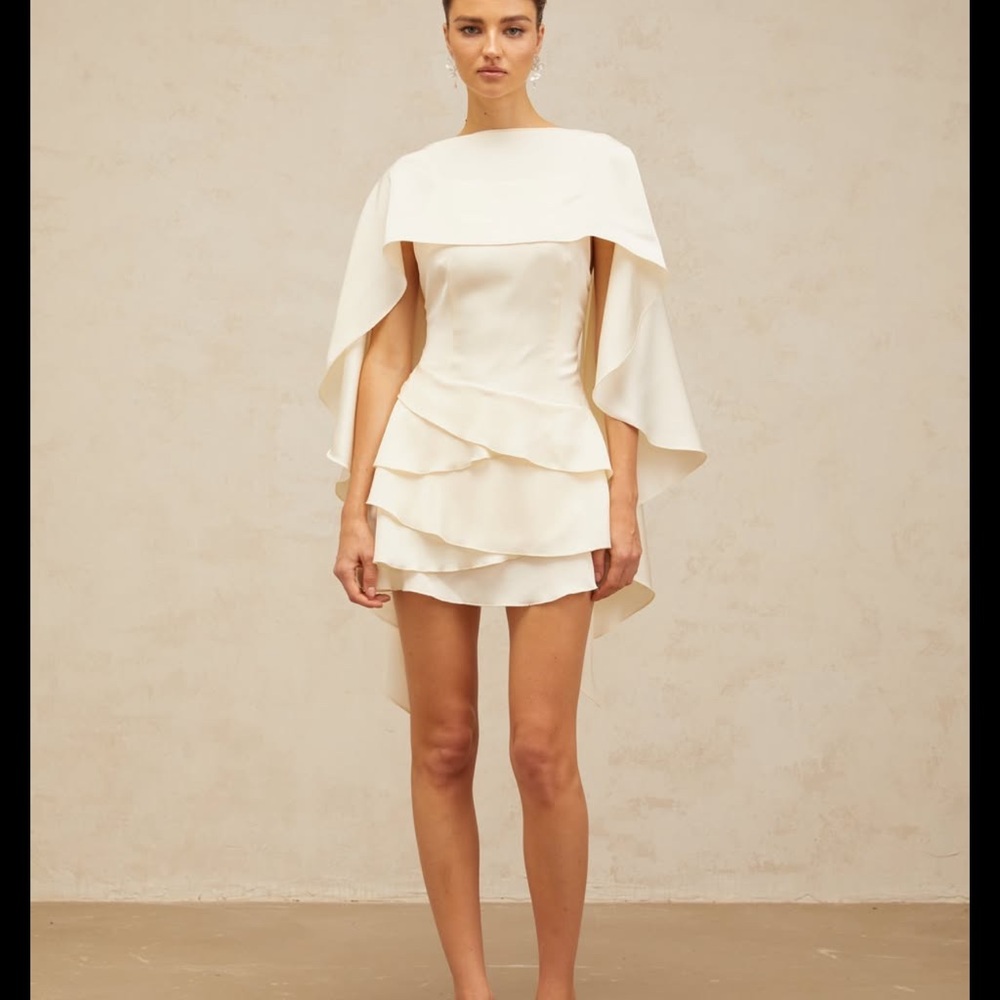 Lyna White Satin Ruffled Mini Dress with Shawl Panel Detail